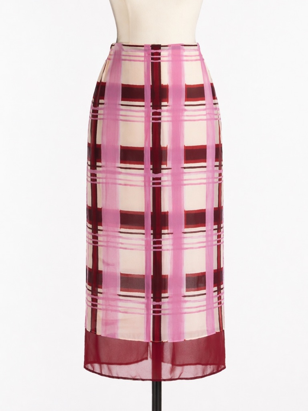 Zara Pink and Burgundy Plaid Midi Skirt